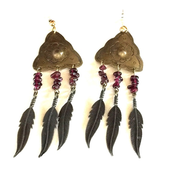 Anthropologie Jewelry - Indian Outlaw feather & ruby earrings Boho Chic
